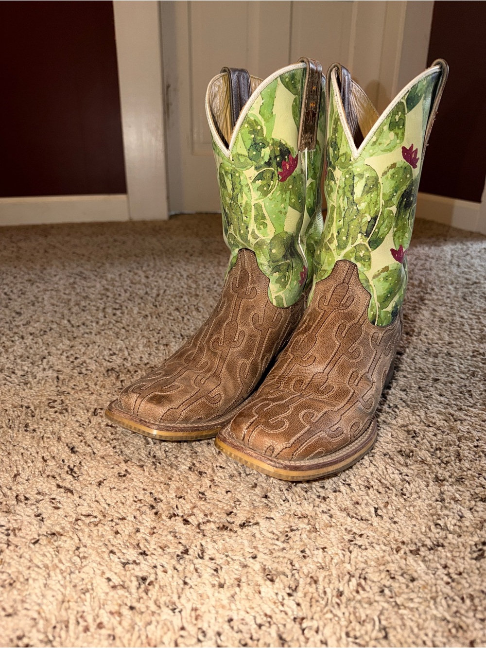 Tin Haul Brown Leather Boots with Green Cactus-Print Shaft